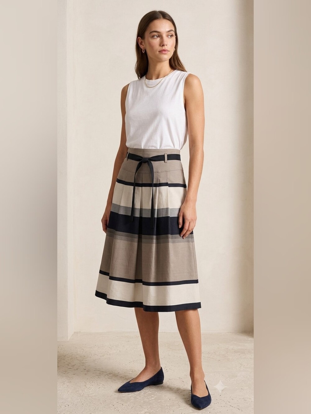 Belted Beige Olive Striped Midi Skirt Size 4 – Apanage Collection